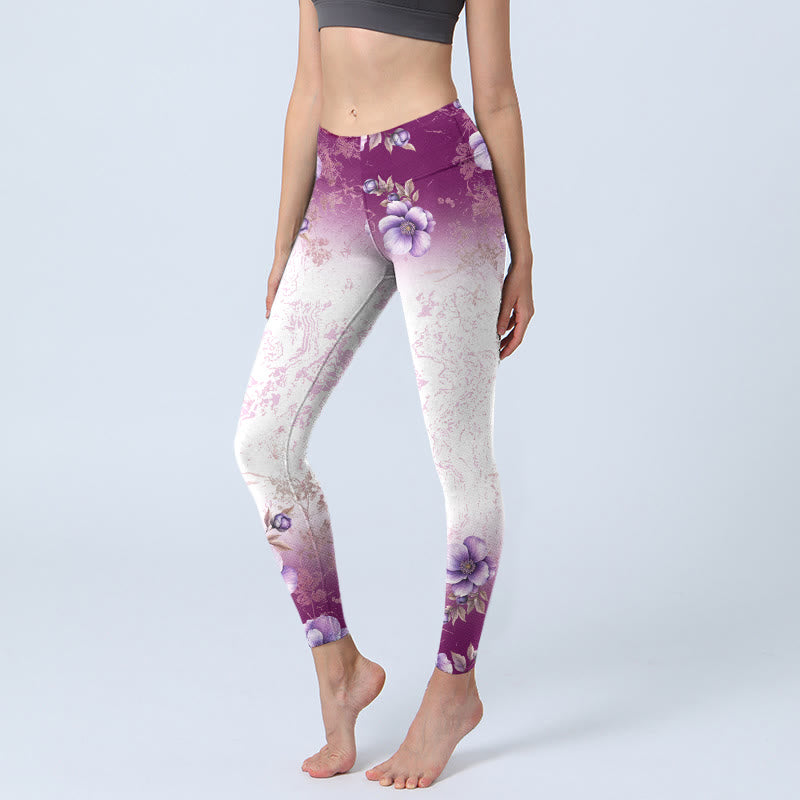 Buddha Stones Purple Floral Print Gym Leggings Women's Yoga Pants - Snow - US18，UK/AU22，EU50 (4XL) - image 0
