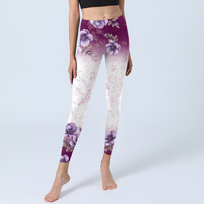 Buddha Stones Purple Floral Print Gym Leggings Women's Yoga Pants - image 5