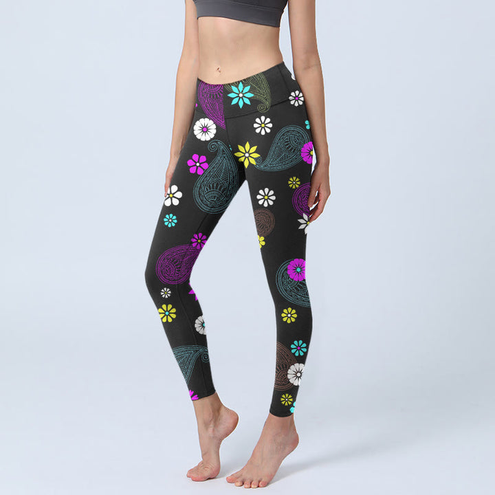 Buddha Stones Colorful Cashew Flower Print Gym Leggings Women's Yoga Pants - Black - US18，UK/AU22，EU50 (4XL) - image 0