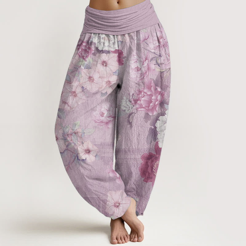 Buddha Stones Pure Cotton Casual Peony Flower Women's Elastic Waist Harem Pants - Plum - US22，UK/AU26，EU54 (6XL) - image 5