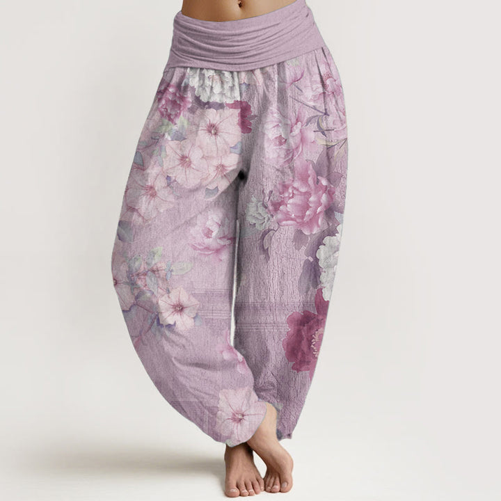 Buddha Stones Pure Cotton Casual Peony Flower Women's Elastic Waist Harem Pants - Plum - US22，UK/AU26，EU54 (6XL) - image 5