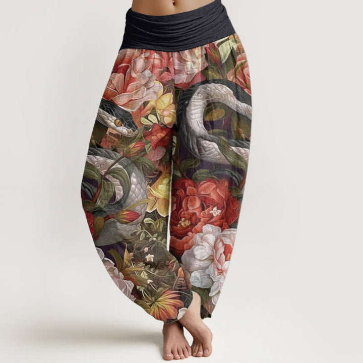 Buddha Stones Pure Cotton Snake Peony Flowers Leaf Pattern Women's Elastic Waist Harem Pants - Black - US22，UK/AU26，EU54 (6XL) - image 0