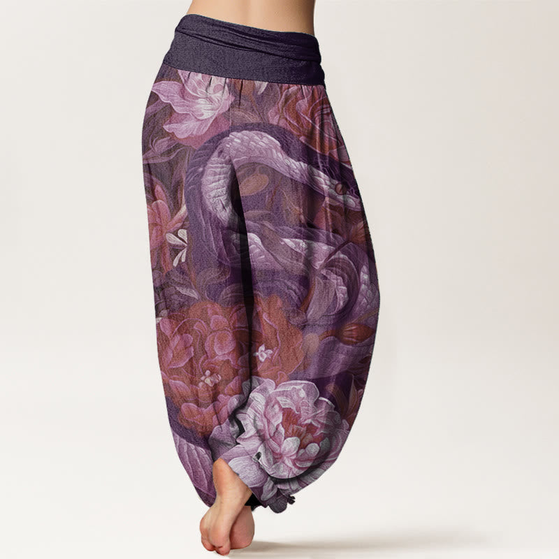 Buddha Stones Pure Cotton Snake Peony Flowers Leaf Pattern Women's Elastic Waist Harem Pants - image 6
