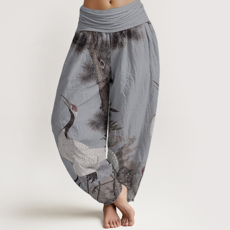 Buddha Stones Pure Cotton Casual Red-crowned Crane Pine Tree Mountain Women's Elastic Waist Harem Pants - LightSteelBlue - US22，UK/AU26，EU54 (6XL) - image 8