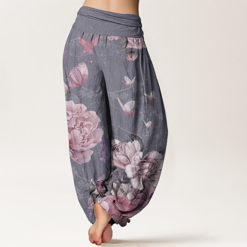 Buddha Stones Pure Cotton Casual Bright Peony Flower Butterfly Women's Elastic Waist Harem Pants - image 1