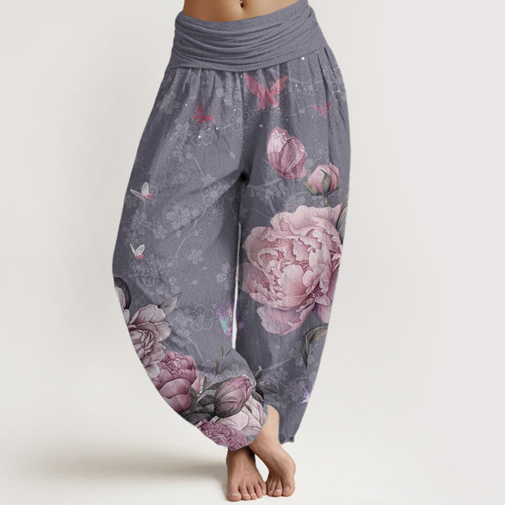 Buddha Stones Pure Cotton Casual Bright Peony Flower Butterfly Women's Elastic Waist Harem Pants - MediumPurple - US22，UK/AU26，EU54 (6XL) - image 0