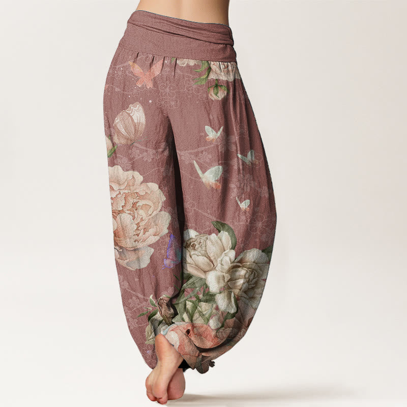 Buddha Stones Pure Cotton Casual Bright Peony Flower Butterfly Women's Elastic Waist Harem Pants - image 6