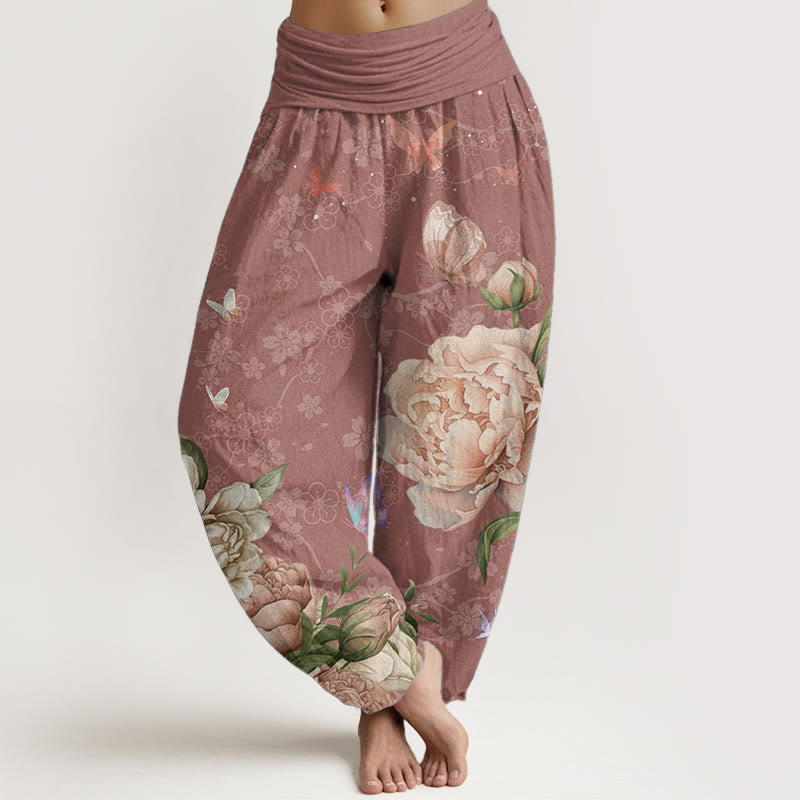 Buddha Stones Pure Cotton Casual Bright Peony Flower Butterfly Women's Elastic Waist Harem Pants - IndianRed - US22，UK/AU26，EU54 (6XL) - image 5