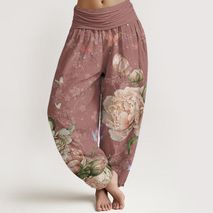 Buddha Stones Pure Cotton Casual Bright Peony Flower Butterfly Women's Elastic Waist Harem Pants - IndianRed - US22，UK/AU26，EU54 (6XL) - image 5
