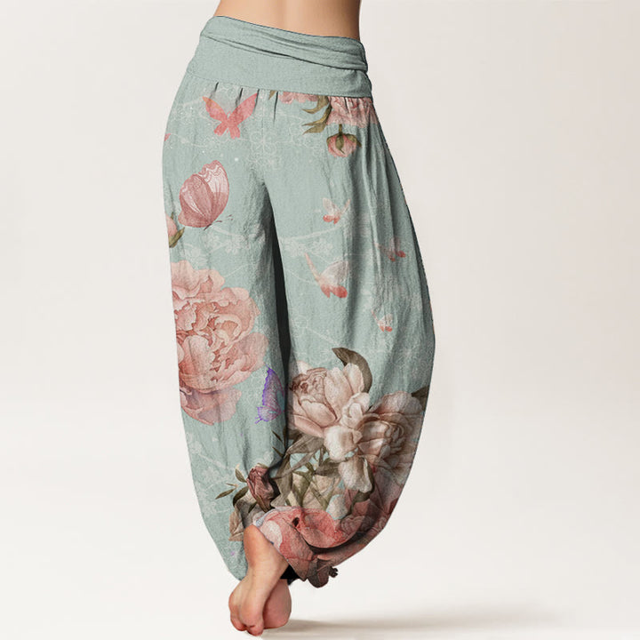 Buddha Stones Pure Cotton Casual Bright Peony Flower Butterfly Women's Elastic Waist Harem Pants - image 9