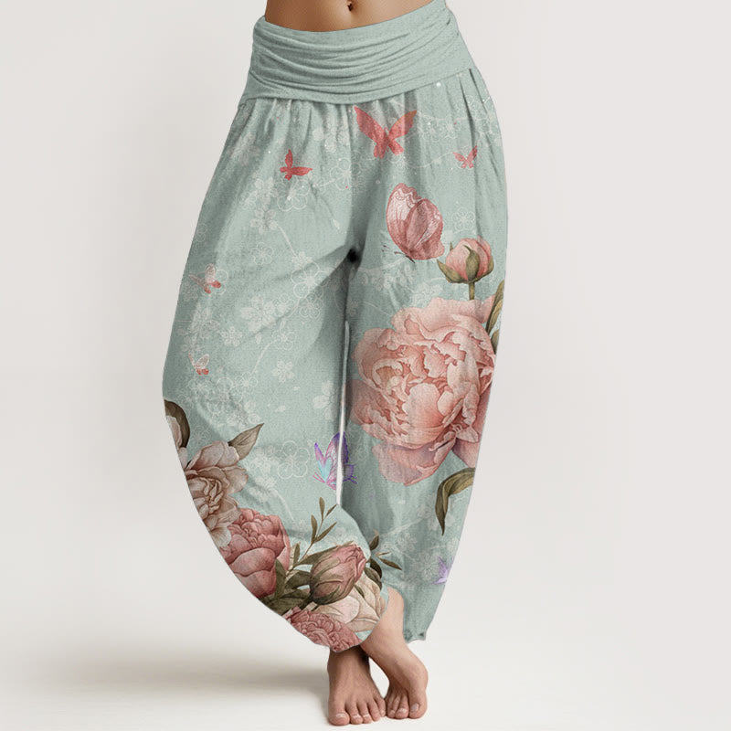 Buddha Stones Pure Cotton Casual Bright Peony Flower Butterfly Women's Elastic Waist Harem Pants - PaleTurquoise - US22，UK/AU26，EU54 (6XL) - image 8