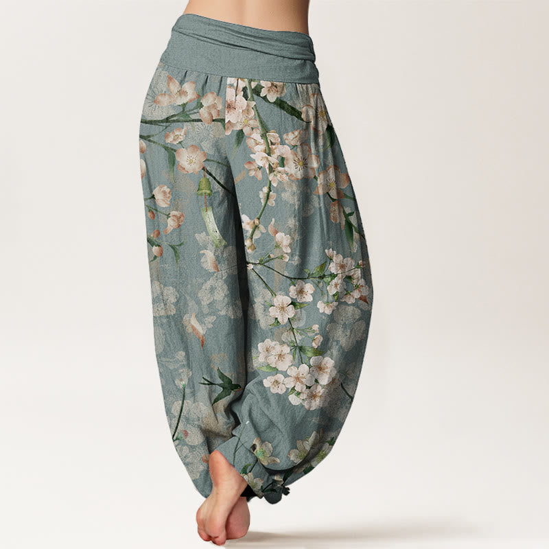 Buddha Stones Pure Cotton Peach Blossoms Flying Geese Pattern Women's Elastic Waist Harem Pants