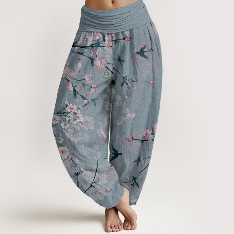 Buddha Stones Pure Cotton Peach Blossoms Flying Geese Pattern Women's Elastic Waist Harem Pants