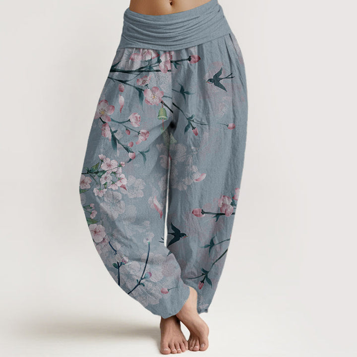 Buddha Stones Pure Cotton Peach Blossoms Flying Geese Pattern Women's Elastic Waist Harem Pants