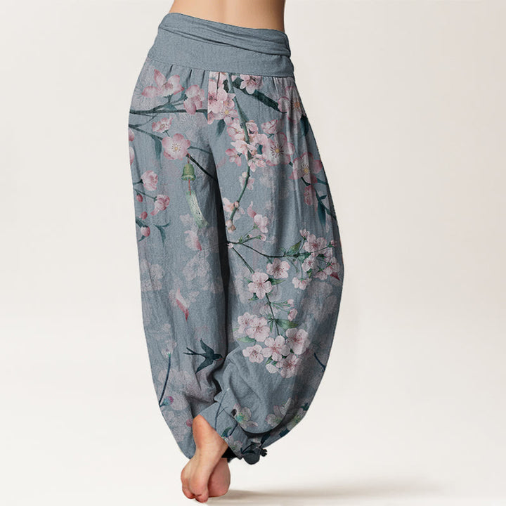 Buddha Stones Pure Cotton Peach Blossoms Flying Geese Pattern Women's Elastic Waist Harem Pants