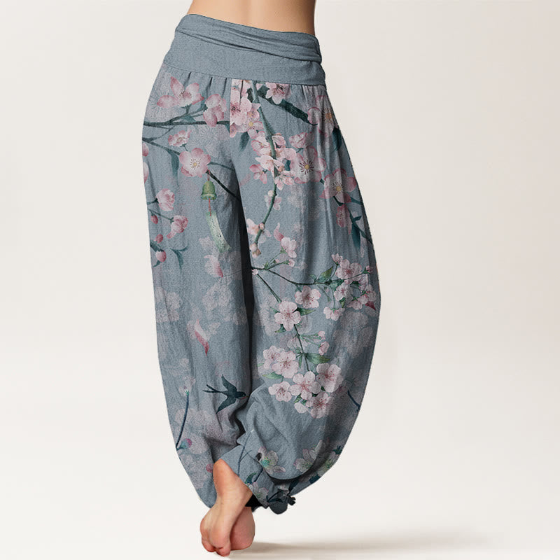 Buddha Stones Pure Cotton Peach Blossoms Flying Geese Pattern Women's Elastic Waist Harem Pants - image 9