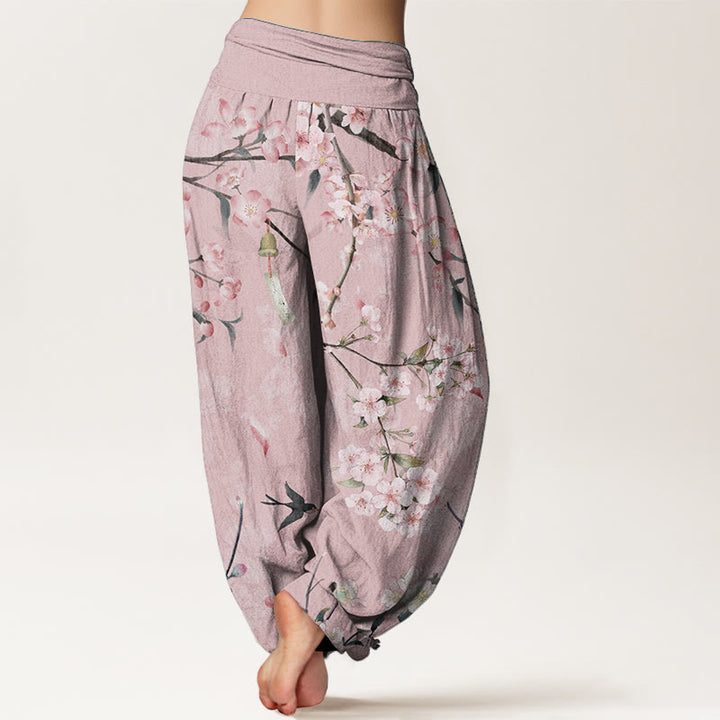 Buddha Stones Pure Cotton Peach Blossoms Flying Geese Pattern Women's Elastic Waist Harem Pants