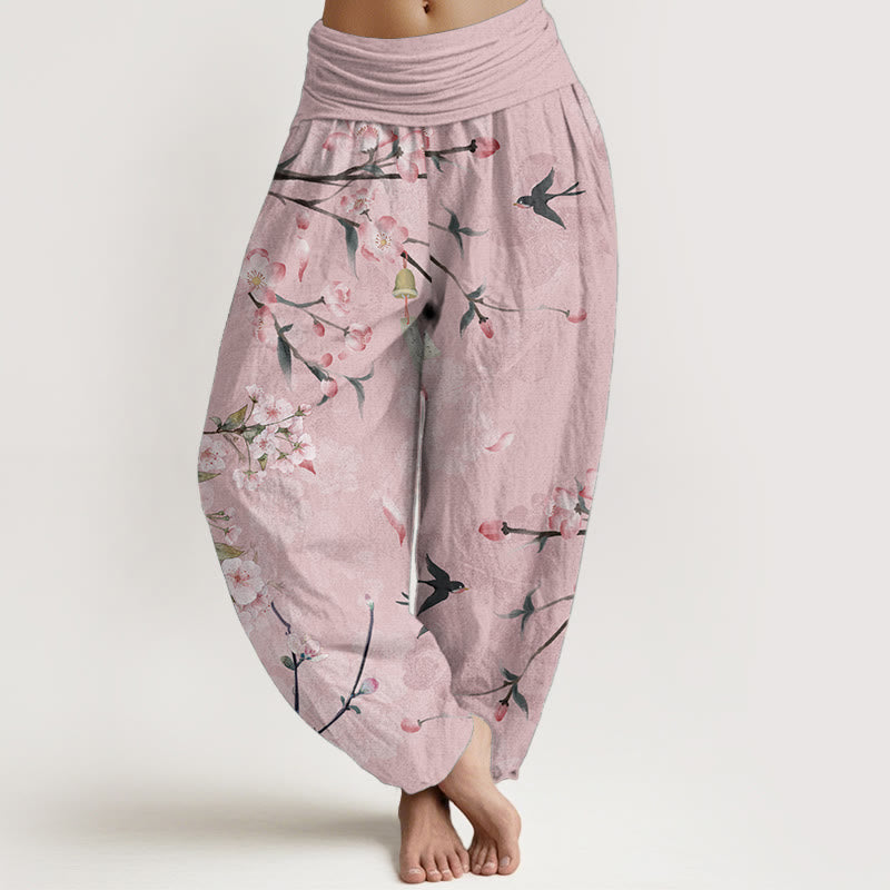 Buddha Stones Pure Cotton Peach Blossoms Flying Geese Pattern Women's Elastic Waist Harem Pants