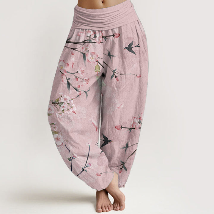 Buddha Stones Pure Cotton Peach Blossoms Flying Geese Pattern Women's Elastic Waist Harem Pants