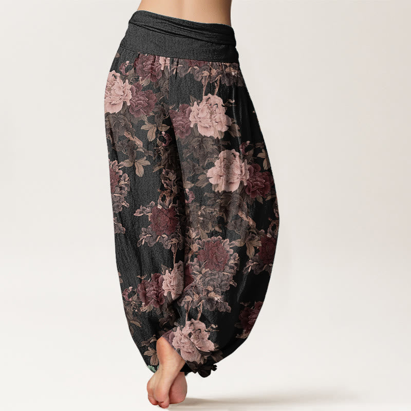 Buddha Stones Pure Cotton Casual Lush Peony Flowers Leaf Pattern Women's Elastic Waist Harem Pants - image 1