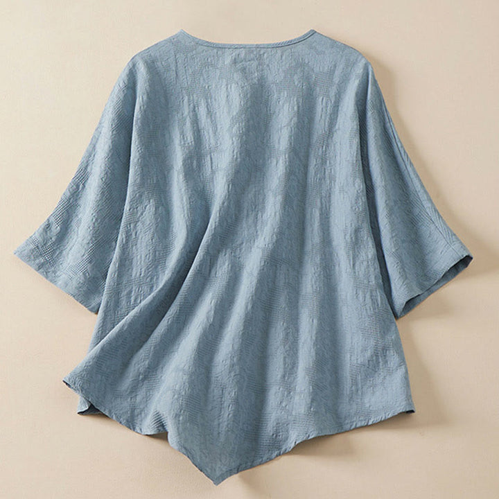 Buddha Stones Casual Flower Colorful Frog Button Half Sleeve Cotton Linen Women's Shirt - image 2