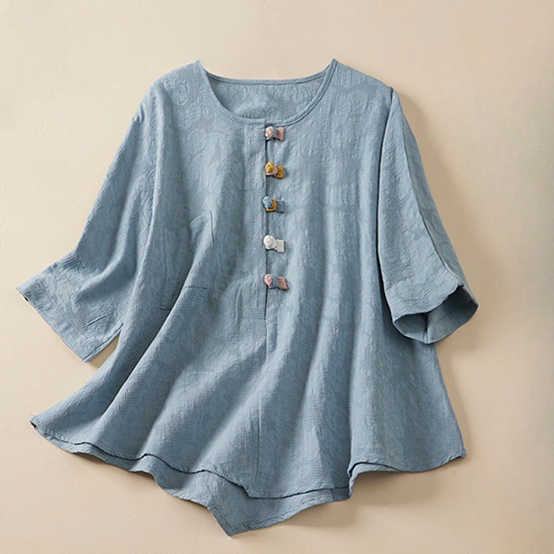 Buddha Stones Casual Flower Colorful Frog Button Half Sleeve Cotton Linen Women's Shirt - LightSkyBlue - US8-10，UK/AU12-14，EU40-42 (2XL) - image 0