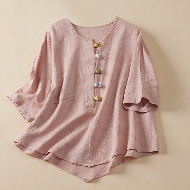 Buddha Stones Casual Flower Colorful Frog Button Half Sleeve Cotton Linen Women's Shirt - Pink - US8-10，UK/AU12-14，EU40-42 (2XL) - image 4