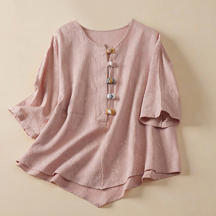 Buddha Stones Casual Flower Colorful Frog Button Half Sleeve Cotton Linen Women's Shirt - Pink - US8-10，UK/AU12-14，EU40-42 (2XL) - image 4