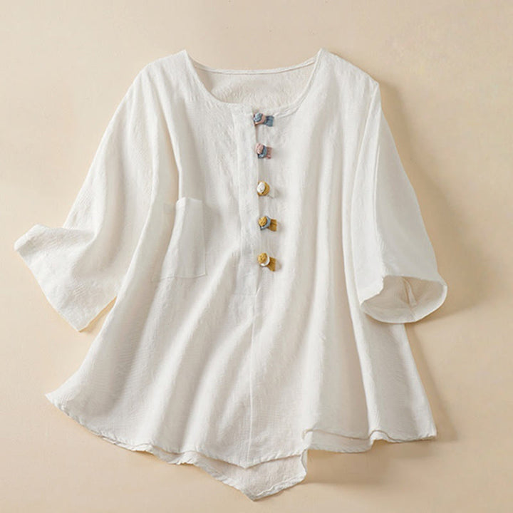 Buddha Stones Casual Flower Colorful Frog Button Half Sleeve Cotton Linen Women's Shirt - White - US8-10，UK/AU12-14，EU40-42 (2XL) - image 14