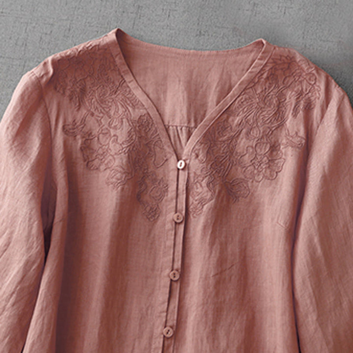 Buddha Stones Artistic Pure Color Embroidered Front Button Design Women's Cotton Half Sleeve Shirt - image 3