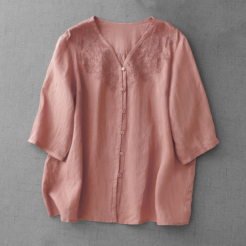 Buddha Stones Artistic Pure Color Embroiderd Front Button Design Women's Cotton Half Sleeve Shirt Cardigan - LightCoral - US12，UK/AU16，EU44 (2XL) - image 0