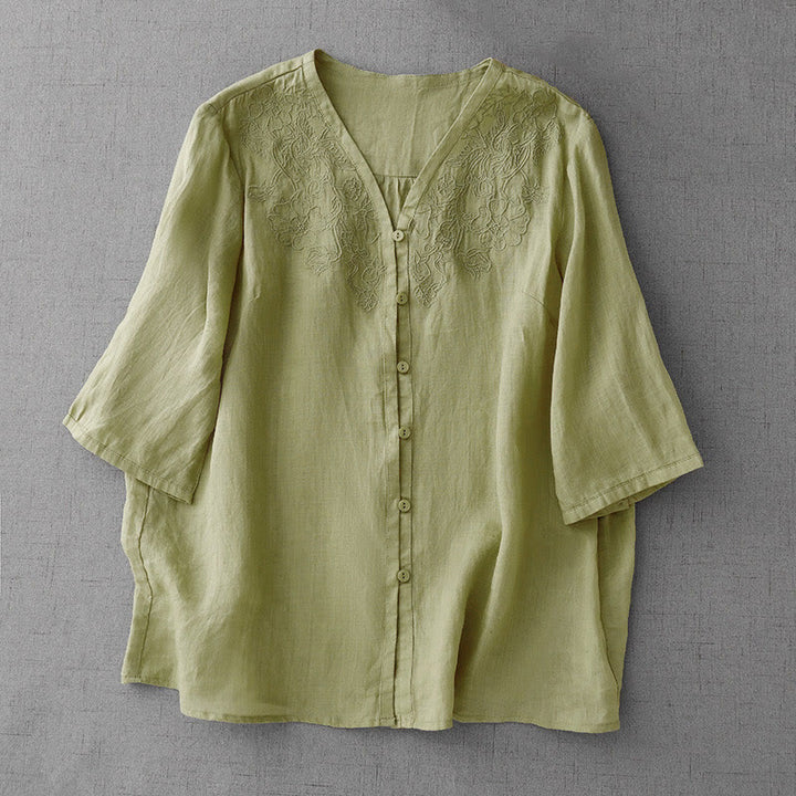 Buddha Stones Artistic Pure Color Embroiderd Front Button Design Women's Cotton Half Sleeve Shirt Cardigan - LightGreen - US12，UK/AU16，EU44 (2XL) - image 16