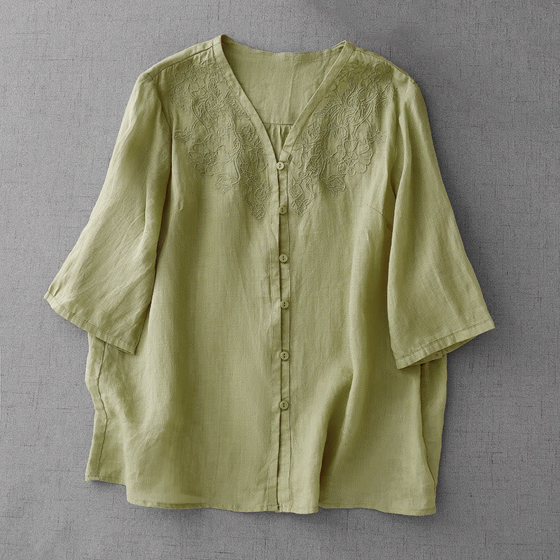 Buddha Stones Artistic Pure Color Embroidered Front Button Design Women's Cotton Half Sleeve Shirt - LightGreen - US12，UK/AU16，EU44 (2XL) - image 16