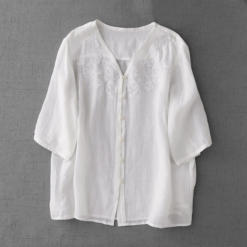 Buddha Stones Artistic Pure Color Embroiderd Front Button Design Women's Cotton Half Sleeve Shirt Cardigan - White - US12，UK/AU16，EU44 (2XL) - image 11