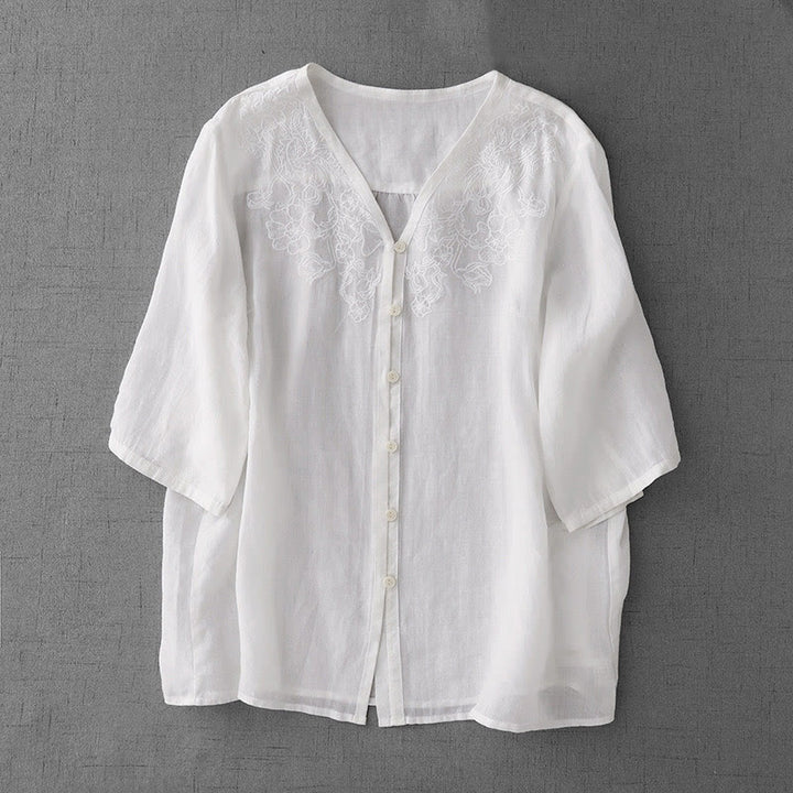 Buddha Stones Artistic Pure Color Embroiderd Front Button Design Women's Cotton Half Sleeve Shirt Cardigan - White - US12，UK/AU16，EU44 (2XL) - image 11
