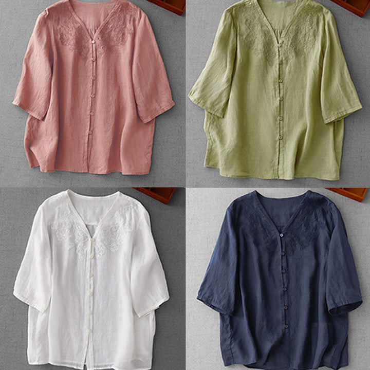 Buddha Stones Artistic Pure Color Embroidered Front Button Design Women's Cotton Half Sleeve Shirt - image 28