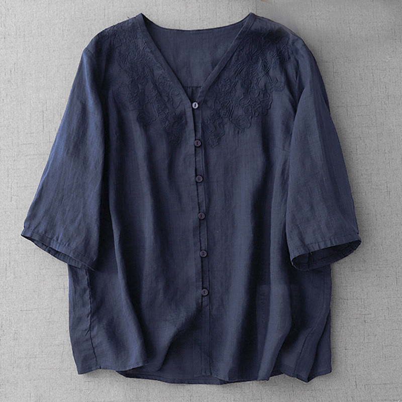 Buddha Stones Artistic Pure Color Embroidered Front Button Design Women's Cotton Half Sleeve Shirt - image 26