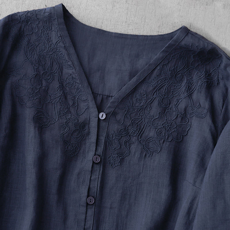 Buddha Stones Artistic Pure Color Embroidered Front Button Design Women's Cotton Half Sleeve Shirt - image 27
