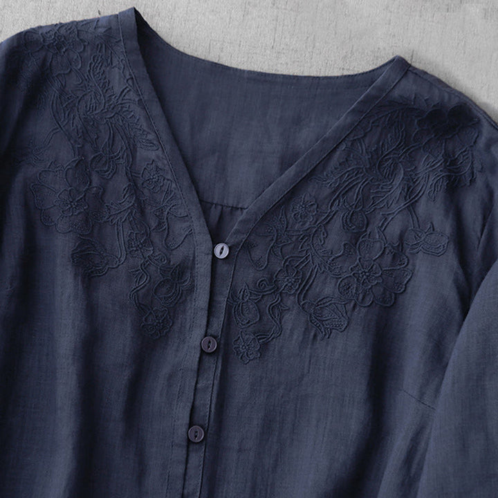 Buddha Stones Artistic Pure Color Embroidered Front Button Design Women's Cotton Half Sleeve Shirt - image 27
