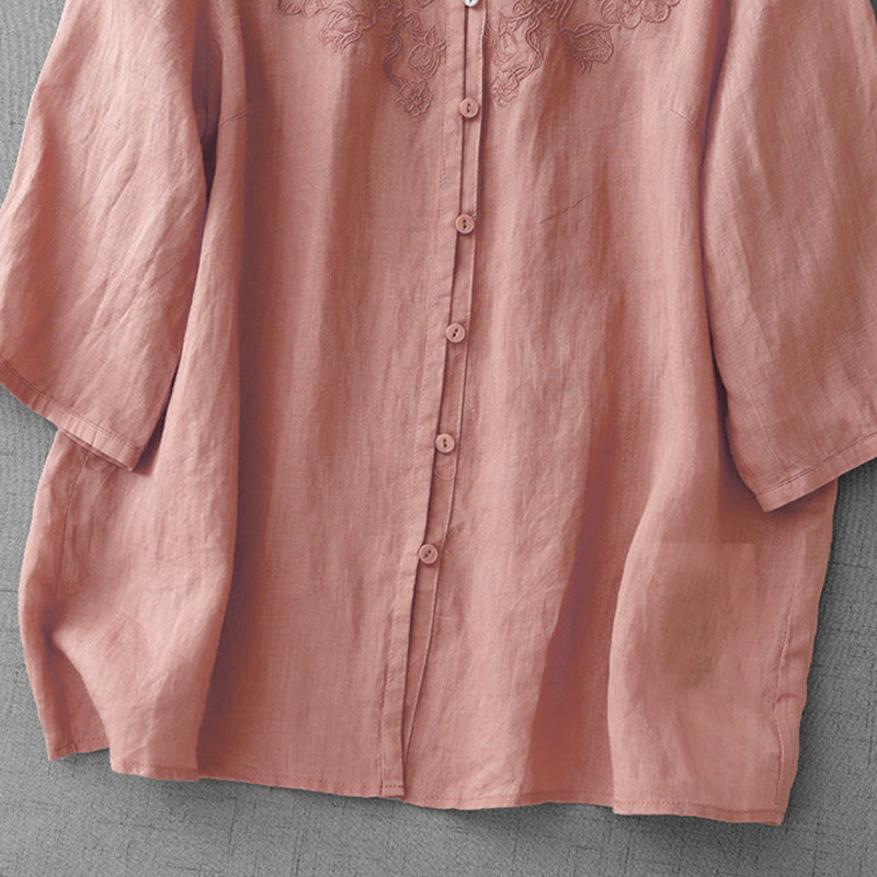 Buddha Stones Artistic Pure Color Embroidered Front Button Design Women's Cotton Half Sleeve Shirt - image 2