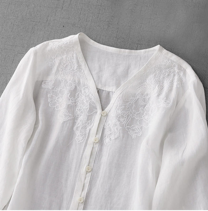 Buddha Stones Artistic Pure Color Embroidered Front Button Design Women's Cotton Half Sleeve Shirt - image 12