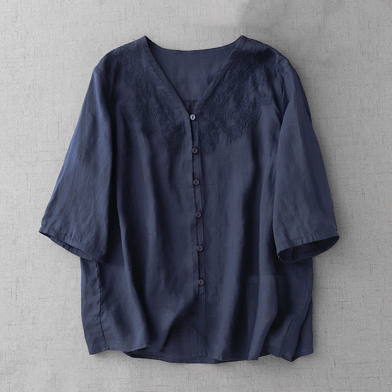 Buddha Stones Artistic Pure Color Embroiderd Front Button Design Women's Cotton Half Sleeve Shirt Cardigan - MidnightBlue - US12，UK/AU16，EU44 (2XL) - image 22