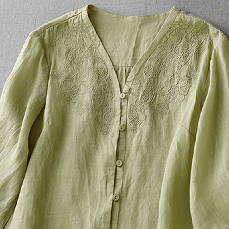 Buddha Stones Artistic Pure Color Embroidered Front Button Design Women's Cotton Half Sleeve Shirt - image 17