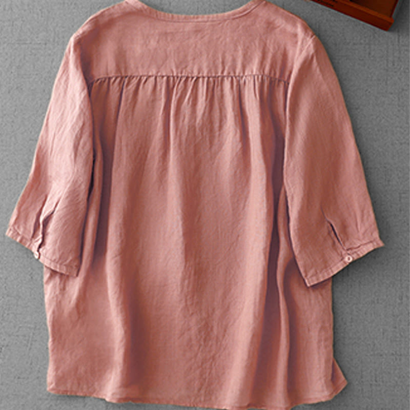 Buddha Stones Artistic Pure Color Embroidered Front Button Design Women's Cotton Half Sleeve Shirt - image 1