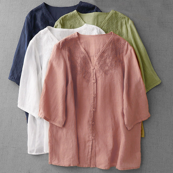Buddha Stones Artistic Pure Color Embroidered Front Button Design Women's Cotton Half Sleeve Shirt - image 29