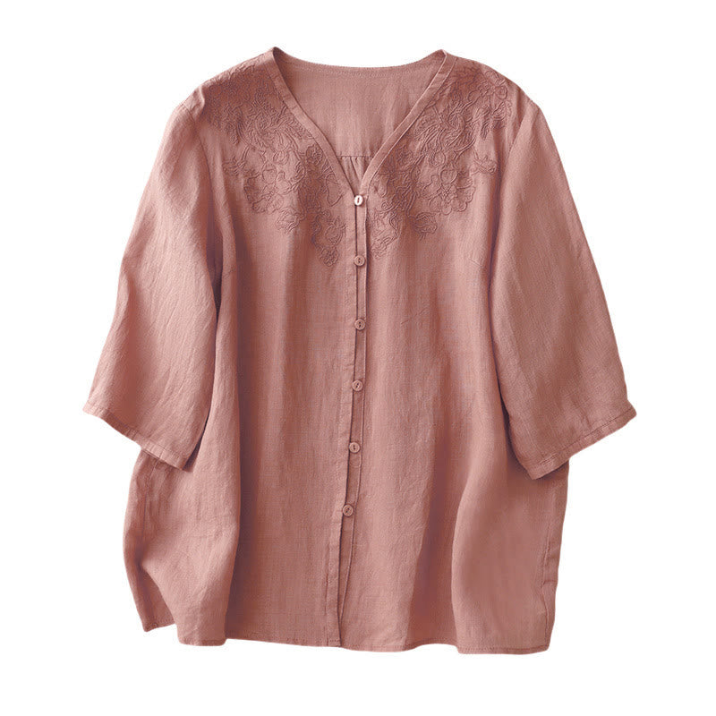 Buddha Stones Artistic Pure Color Embroidered Front Button Design Women's Cotton Half Sleeve Shirt - image 10