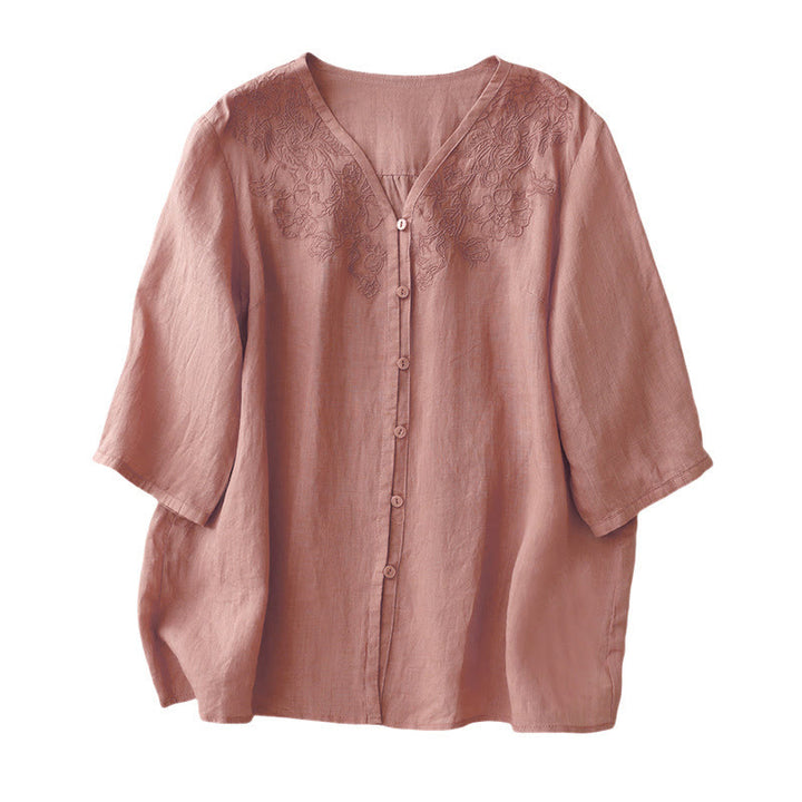 Buddha Stones Artistic Pure Color Embroidered Front Button Design Women's Cotton Half Sleeve Shirt - image 10