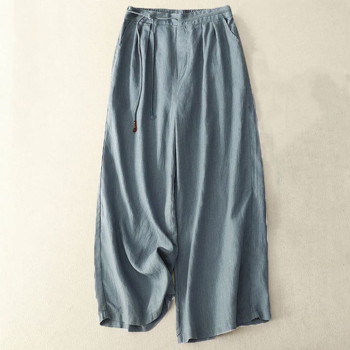 Buddha Stones Spring Casual Solid Color Drawstring Design  Women's Cotton Linen 7-8 Length Wide Leg Pants With Pockets - SteelBlue - US8-10，UK/AU12-14，EU40-42 (2XL) - image 6