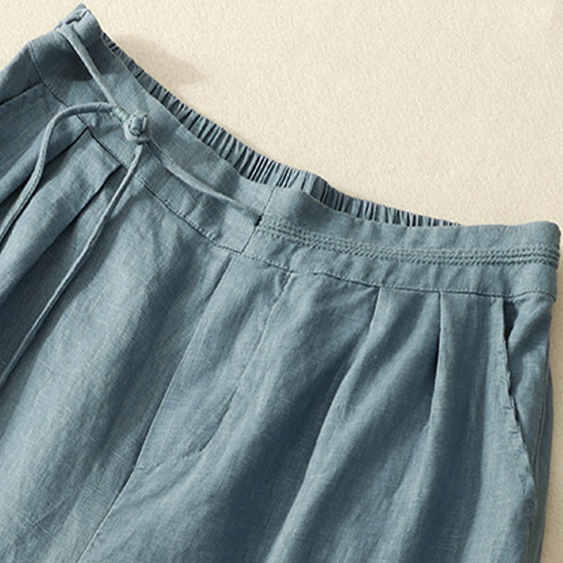 Buddha Stones Spring Casual Solid Color Drawstring Design  Women's Cotton Linen 7-8 Length Wide Leg Pants With Pockets - image 7