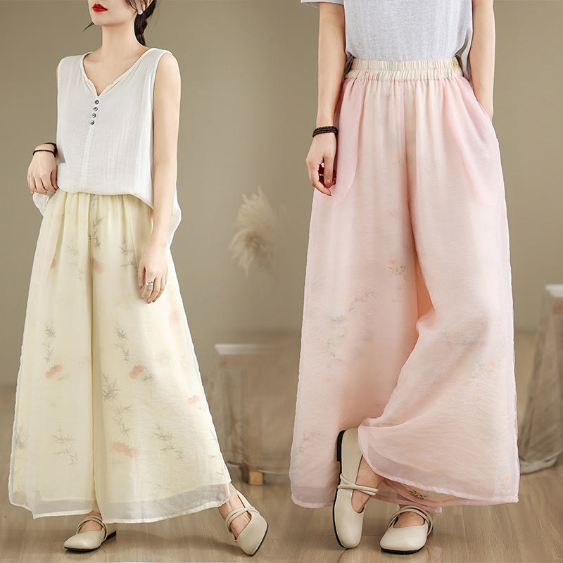 Buddha Stones Spring Vintage Printing Plant Pattern Double Layer Design Women's Cotton Wide Leg Pants With Pockets - image 27